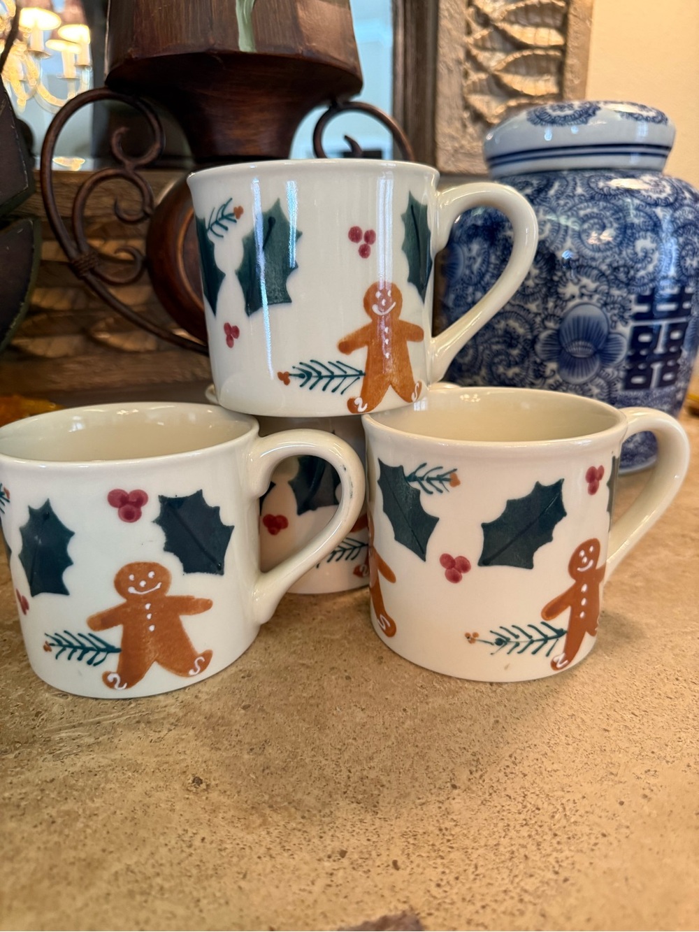 Vintage Hartstone USA Gingerbread & Holly Christmas Mugs - Set of 4